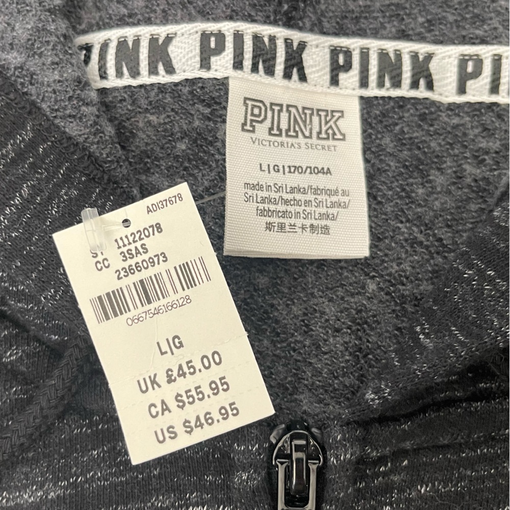 NWT Women’s Victoria’s Secret PINK Zip Up Hoodie Heather Black Size L - Picture 3 of 6
